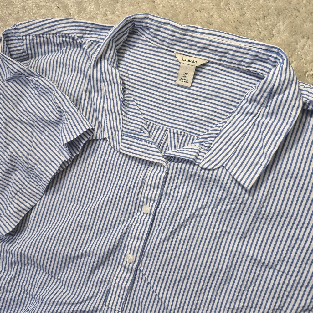 LL Bean Seersucker Shirt Womens 2X Blue Stripe Popover Preppy Coastal Mature Mom